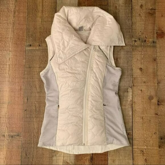 Mondetta womens small down feather puffer vest gray white striped oversized neck - Picture 1 of 13